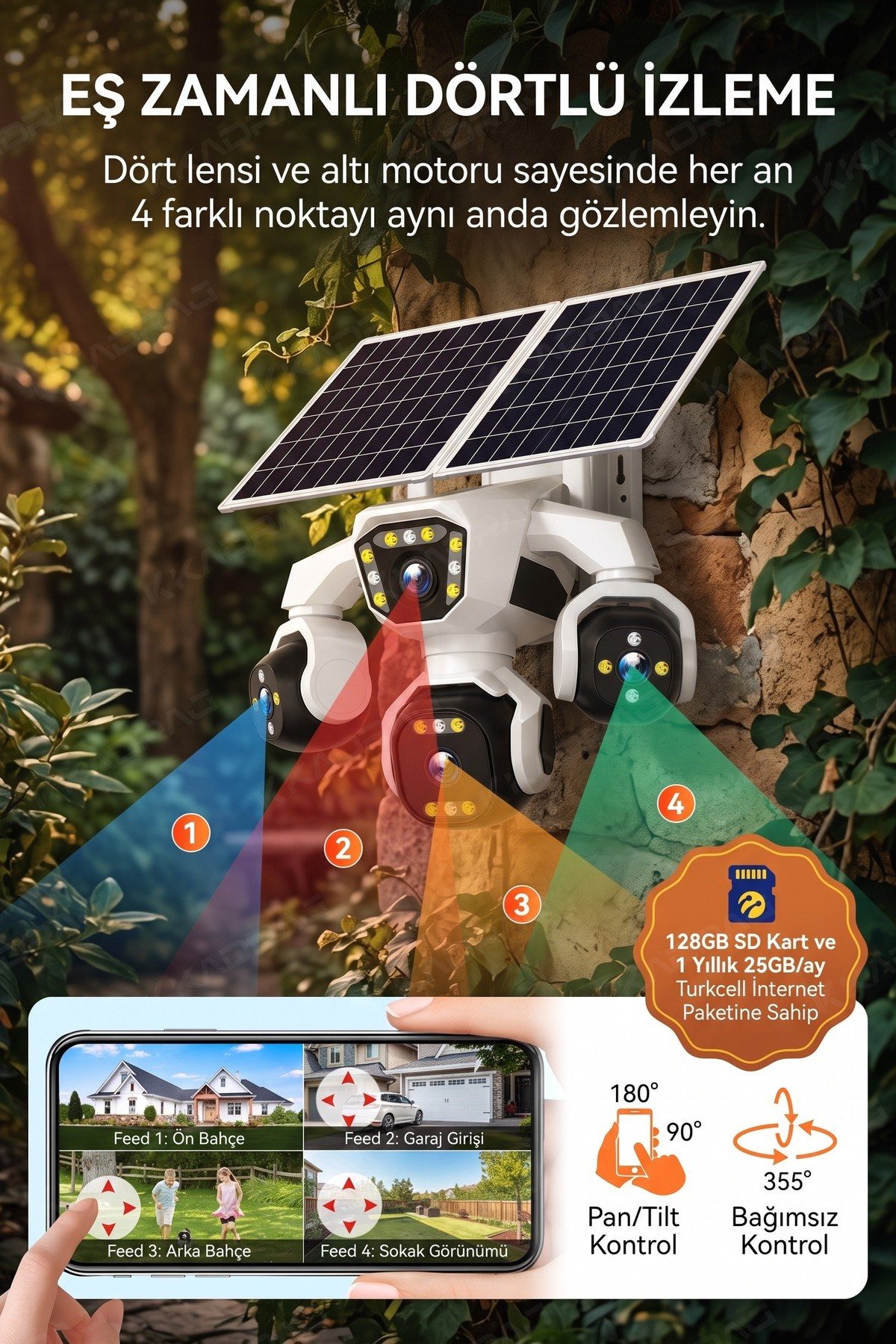 Kadraj 4 Kameralı - Solar Panelli 16000 Mah. Turkcell Yıllık Hat 20MP Güvenlik Kamerası YapayZeka Tc25 - görsel 11