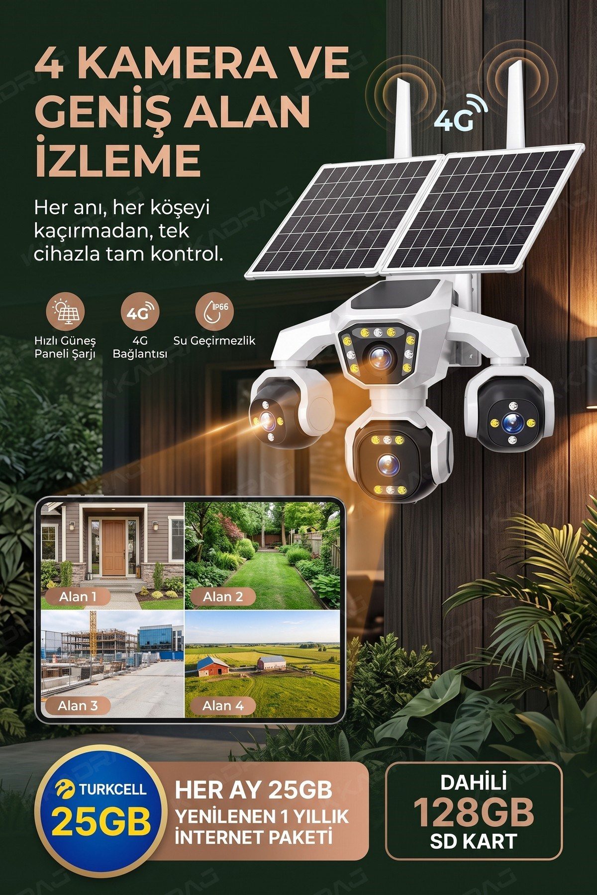 Kadraj 4 Kameralı - Solar Panelli 16000 Mah. Turkcell Yıllık Hat 20MP Güvenlik Kamerası YapayZeka Tc25 - görsel 13