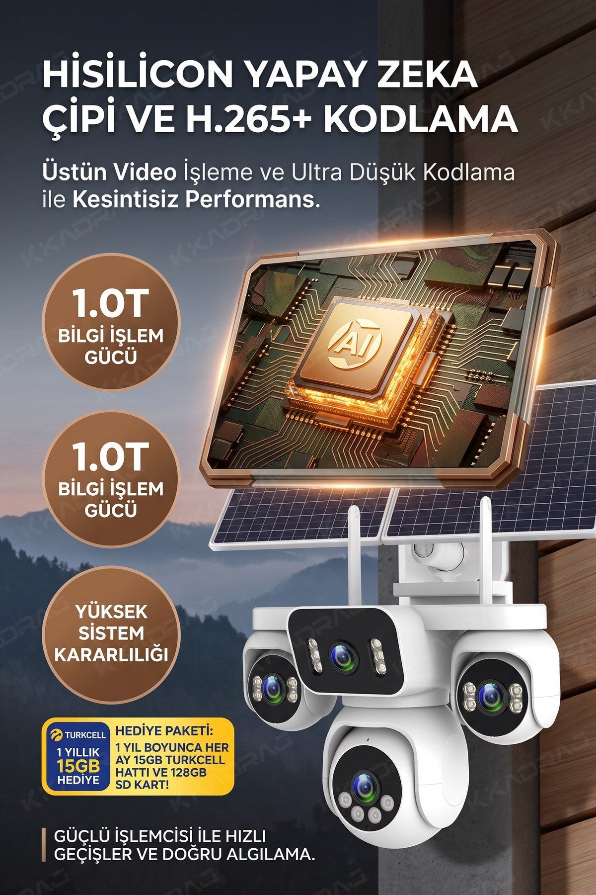 Kadraj 4 Kameralı Solar Panelli Güneş Enerjili Uzaktan Kontrol ,7/24 Aralıksız kayıt, 2 Solar Panel,AI - görsel 4