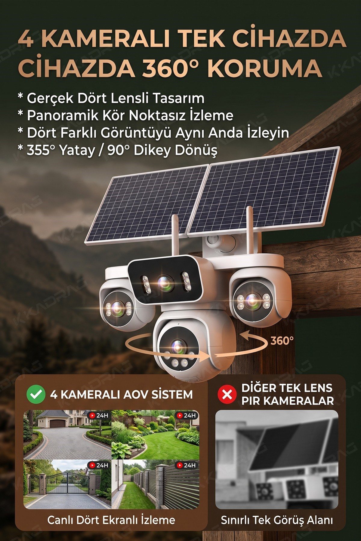 Kadraj 4 Kameralı Solar Panelli Güneş Enerjili Uzaktan Kontrol ,7/24 Aralıksız kayıt, 2 Solar Panel,AI - görsel 11