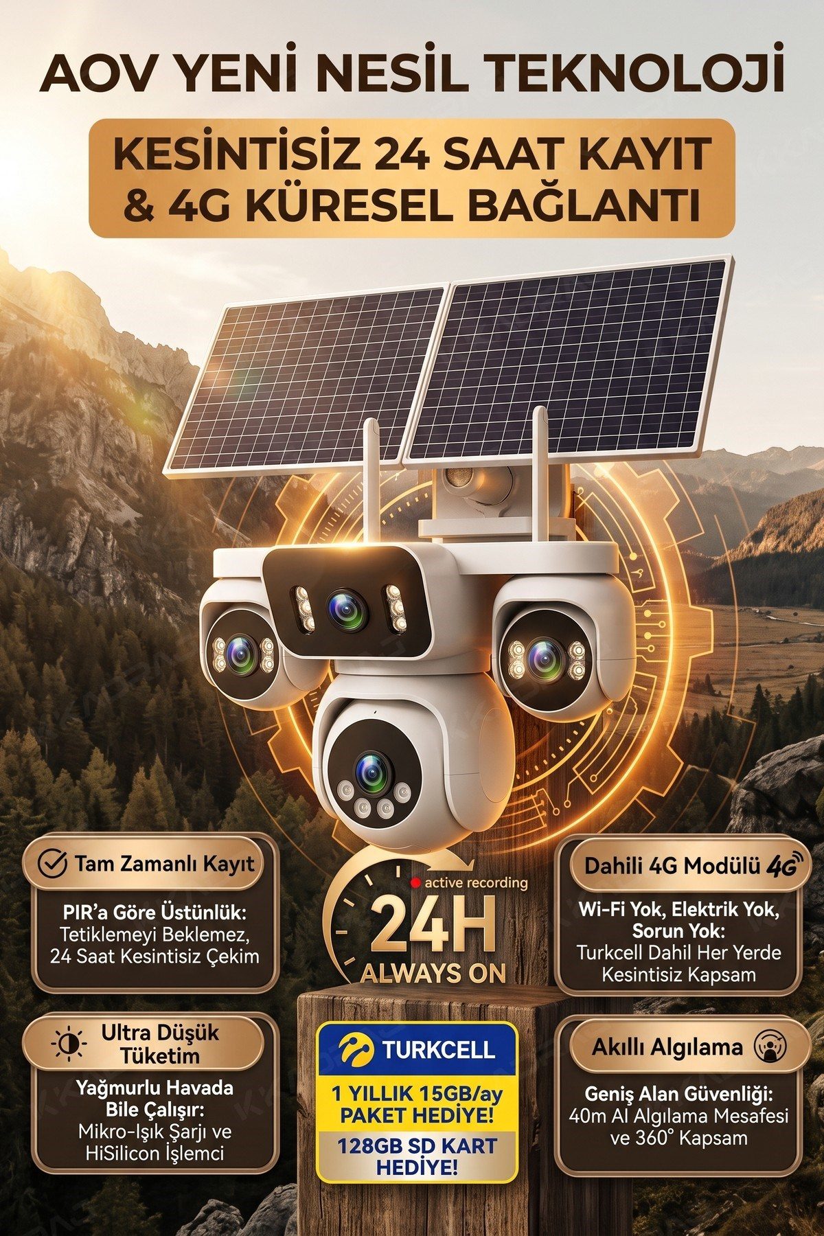 Kadraj 4 Kameralı Solar Panelli Güneş Enerjili Uzaktan Kontrol ,7/24 Aralıksız kayıt, 2 Solar Panel,AI