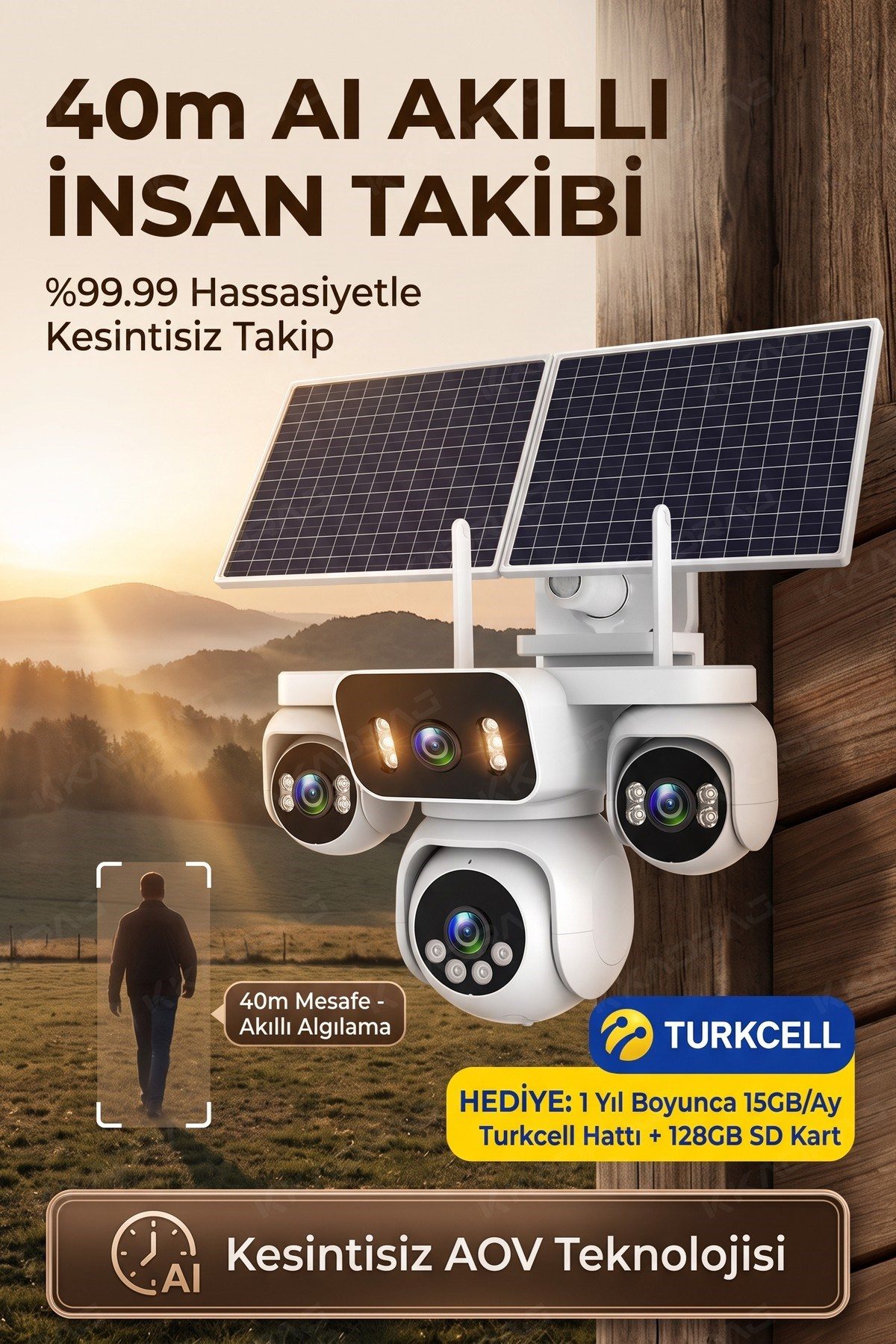Kadraj 4 Kameralı Solar Panelli Güneş Enerjili Uzaktan Kontrol ,7/24 Aralıksız kayıt, 2 Solar Panel,AI - görsel 3