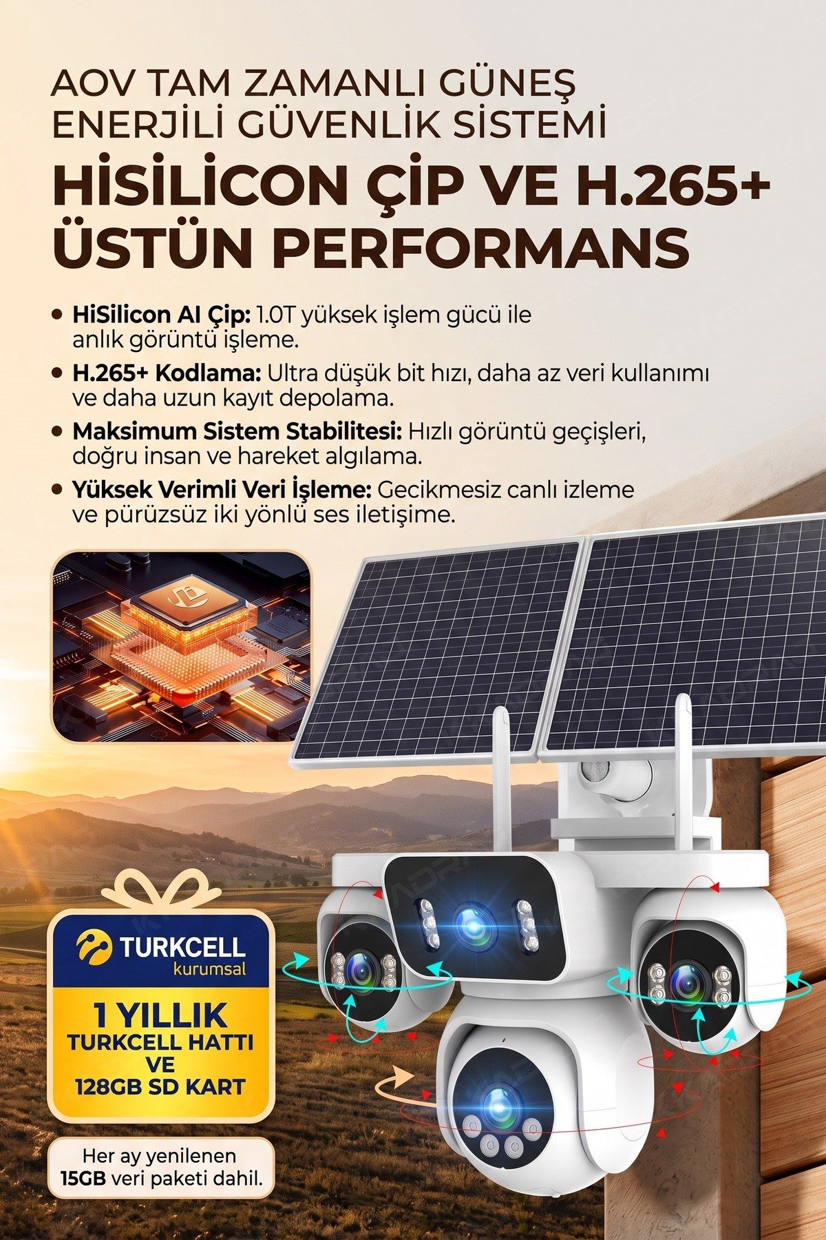 Kadraj 4 Kameralı Solar Panelli Güneş Enerjili Uzaktan Kontrol ,7/24 Aralıksız kayıt, 2 Solar Panel,AI - görsel 13