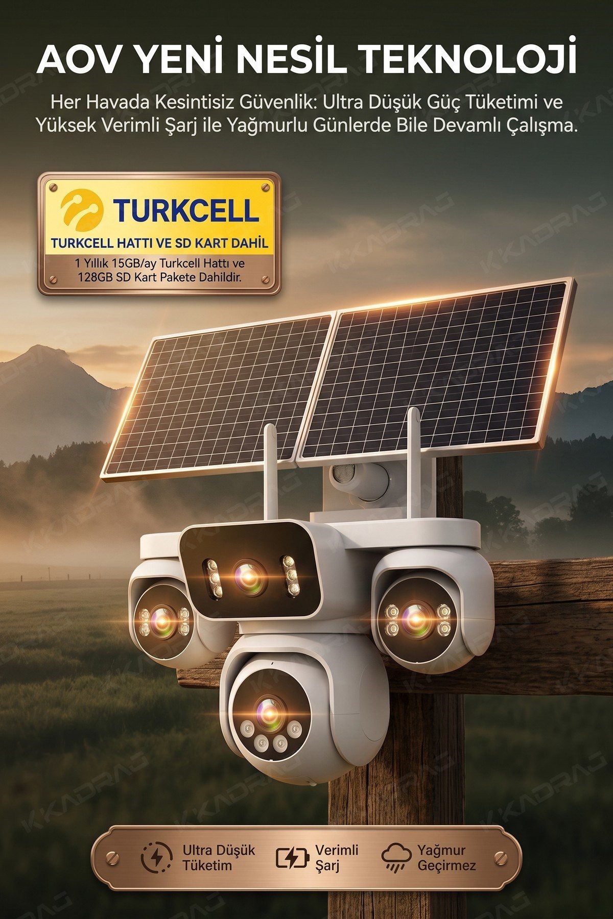Kadraj 4 Kameralı Solar Panelli Güneş Enerjili Uzaktan Kontrol ,7/24 Aralıksız kayıt, 2 Solar Panel,AI - görsel 9