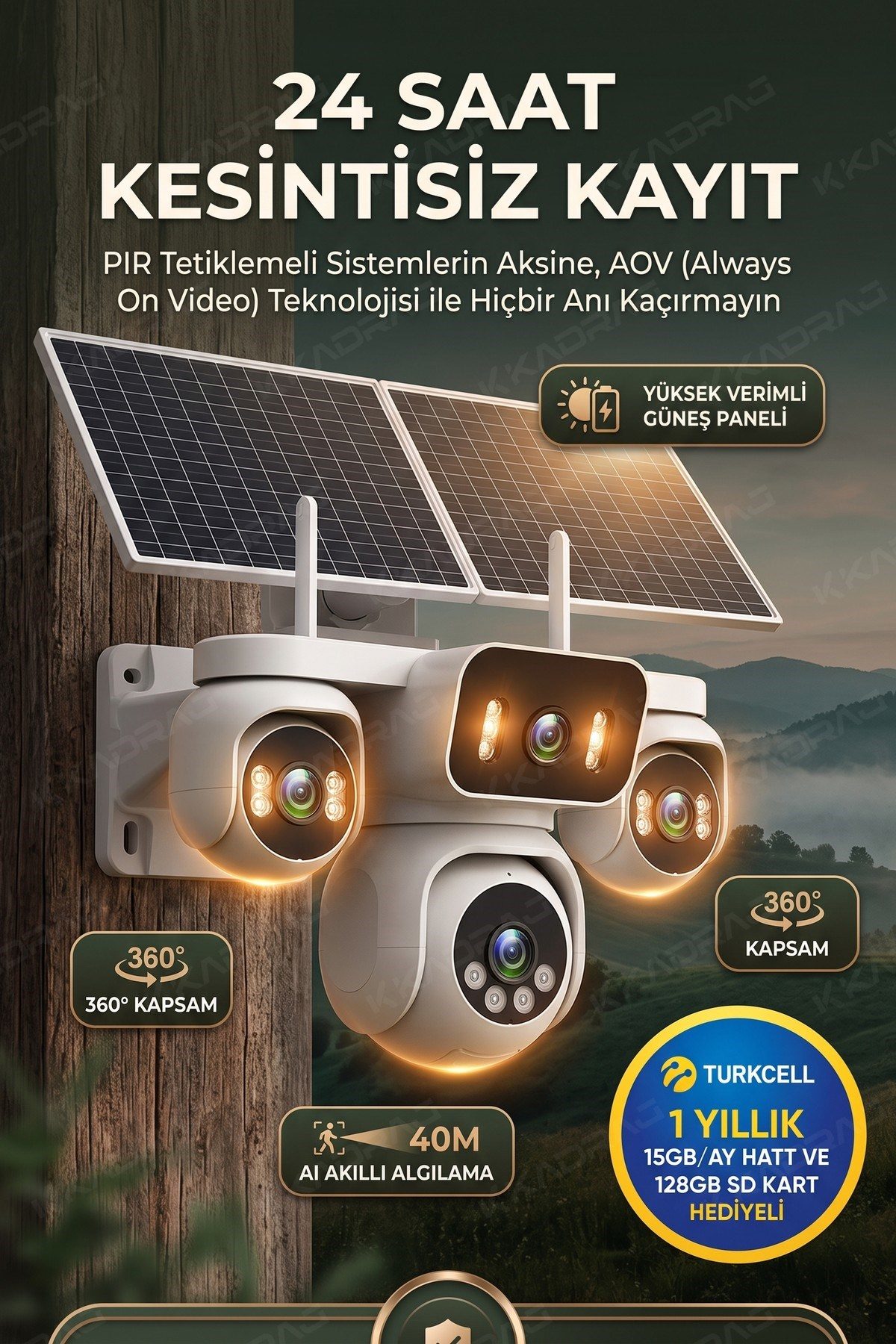 Kadraj 4 Kameralı Solar Panelli Güneş Enerjili Uzaktan Kontrol ,7/24 Aralıksız kayıt, 2 Solar Panel,AI - görsel 10
