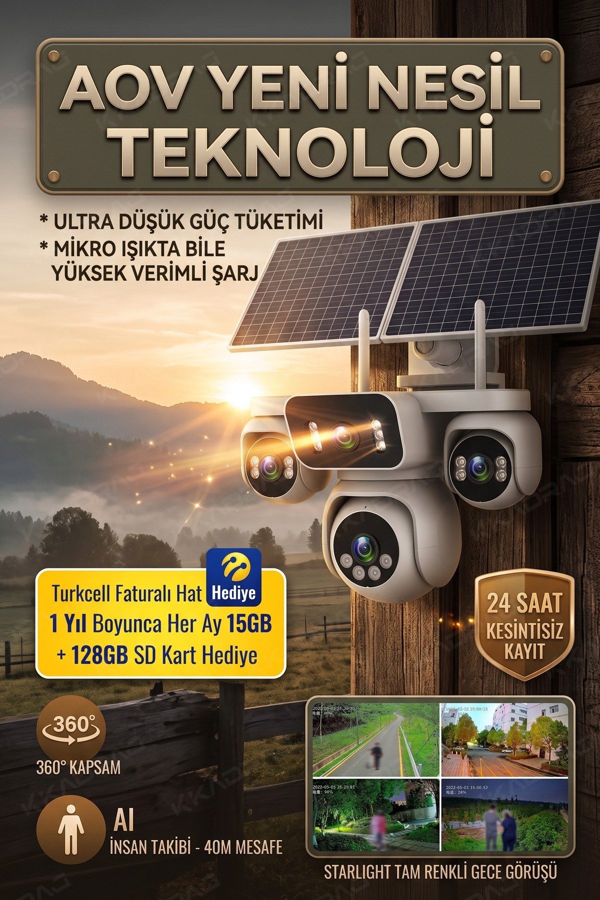 Kadraj 4 Kameralı Solar Panelli Güneş Enerjili Uzaktan Kontrol ,7/24 Aralıksız kayıt, 2 Solar Panel,AI - görsel 2