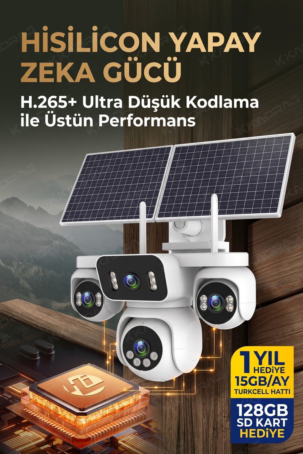 Kadraj 4 Kameralı Solar Panelli Güneş Enerjili Uzaktan Kontrol ,7/24 Aralıksız kayıt, 2 Solar Panel,AI - görsel 6