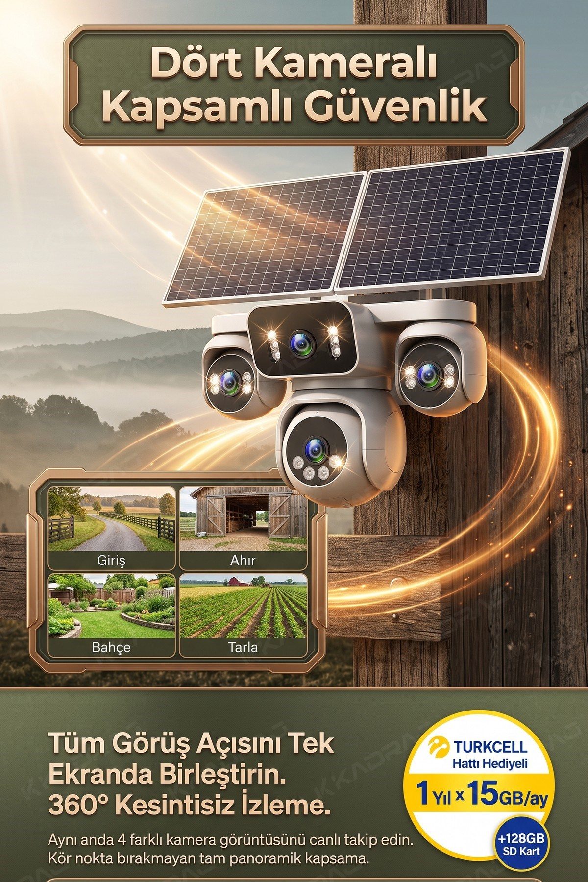 Kadraj 4 Kameralı Solar Panelli Güneş Enerjili Uzaktan Kontrol ,7/24 Aralıksız kayıt, 2 Solar Panel,AI - görsel 8