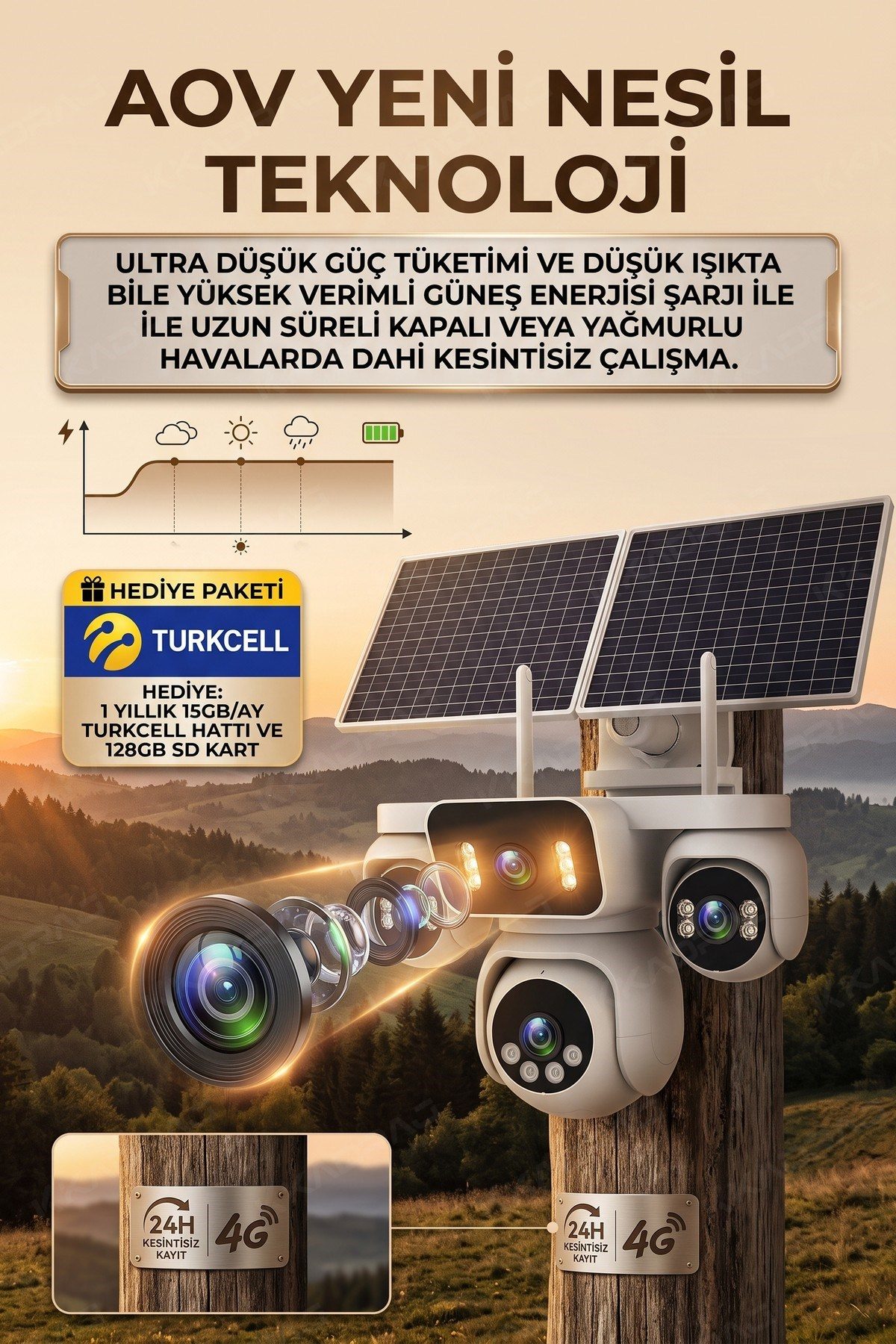 Kadraj 4 Kameralı Solar Panelli Güneş Enerjili Uzaktan Kontrol ,7/24 Aralıksız kayıt, 2 Solar Panel,AI - görsel 5