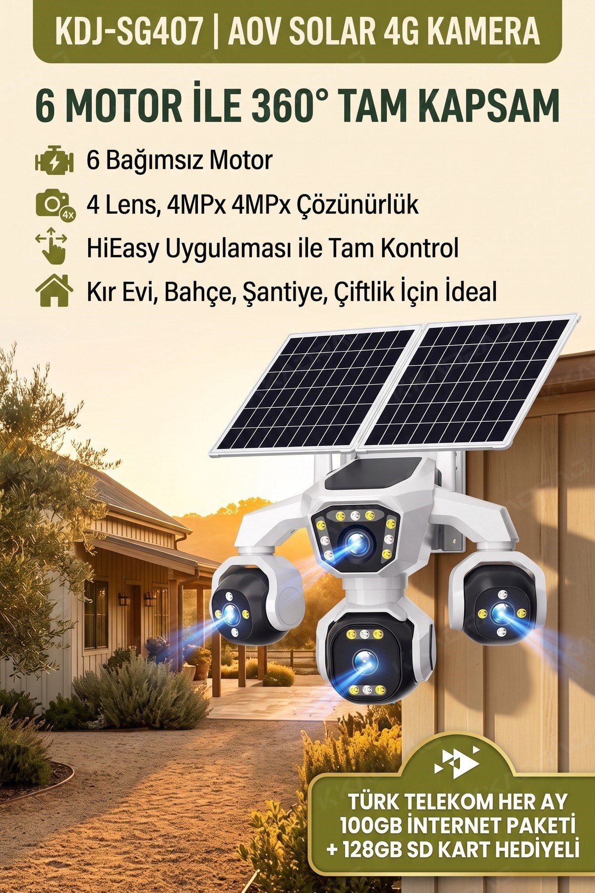 Kadraj 4 Kameralı - Solar Panelli TURK TELEKOM Yıllık Hat HER AY 100GB Yapay Zeka TT100 - görsel 13