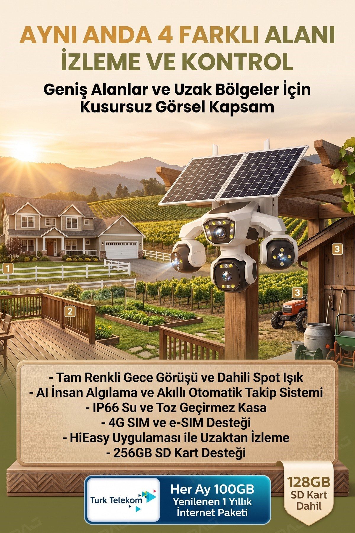 Kadraj 4 Kameralı - Solar Panelli TURK TELEKOM Yıllık Hat HER AY 100GB Yapay Zeka TT100 - görsel 5
