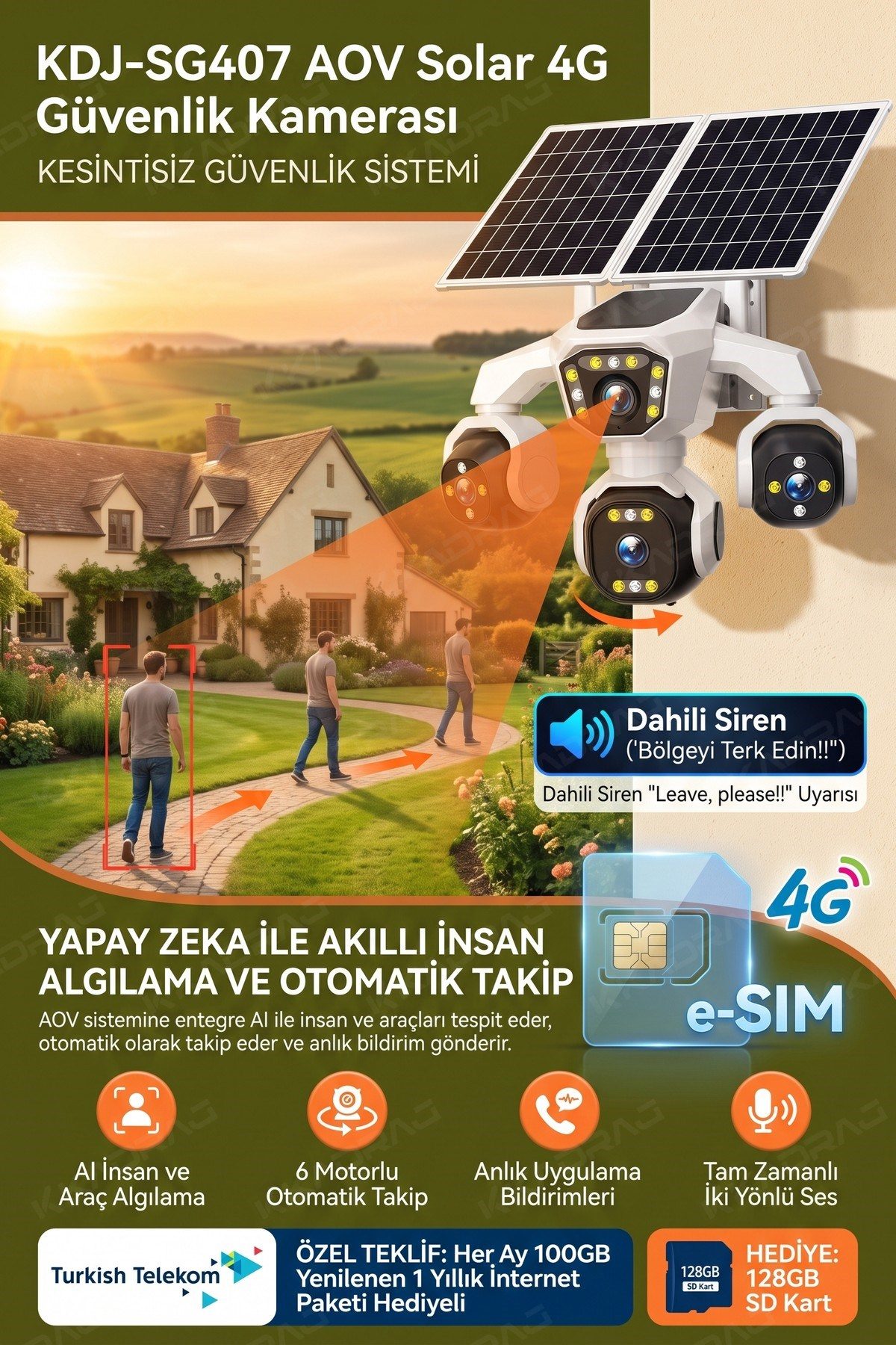 Kadraj 4 Kameralı - Solar Panelli TURK TELEKOM Yıllık Hat HER AY 100GB Yapay Zeka TT100 - görsel 11