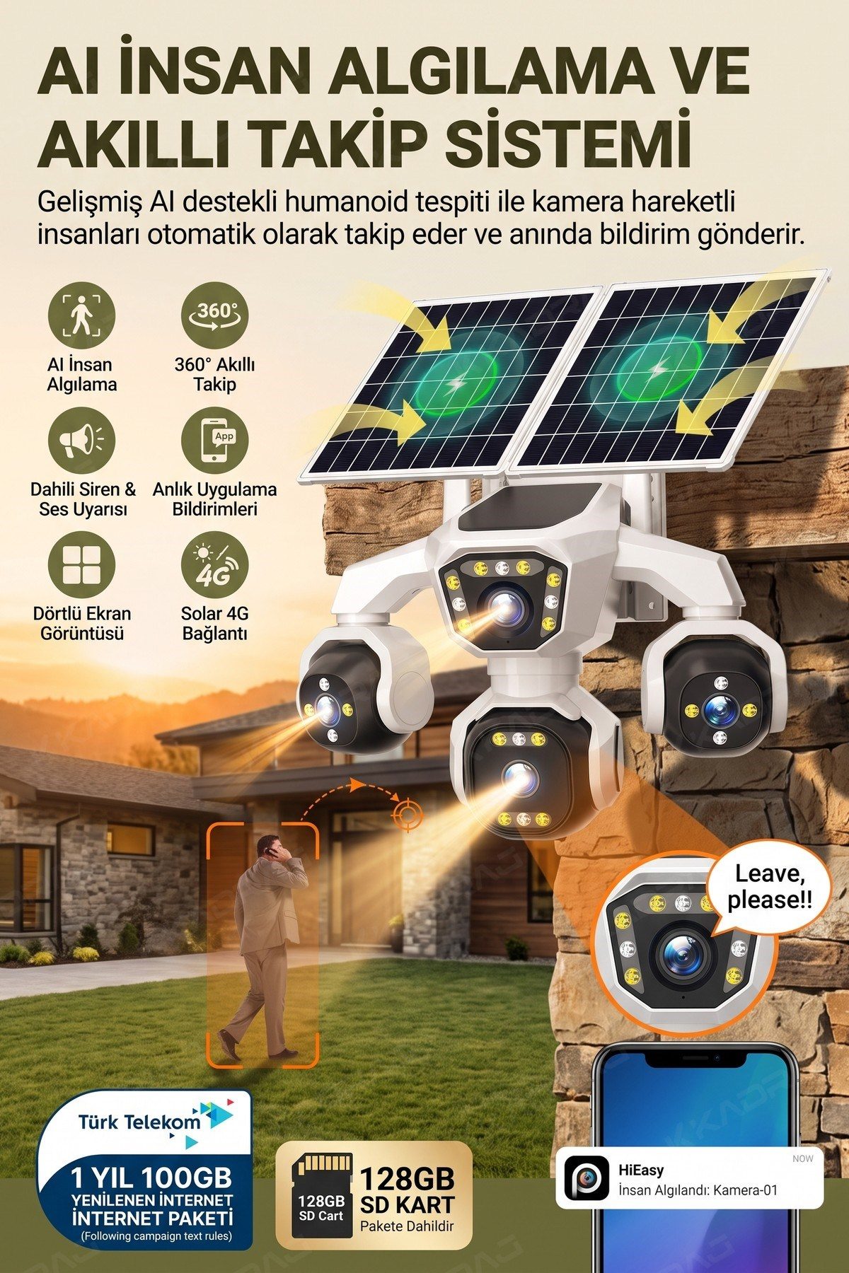 Kadraj 4 Kameralı - Solar Panelli TURK TELEKOM Yıllık Hat HER AY 100GB Yapay Zeka TT100 - görsel 2