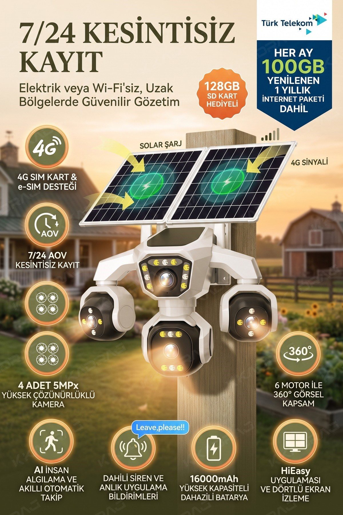 Kadraj 4 Kameralı - Solar Panelli TURK TELEKOM Yıllık Hat HER AY 100GB Yapay Zeka TT100 - görsel 10