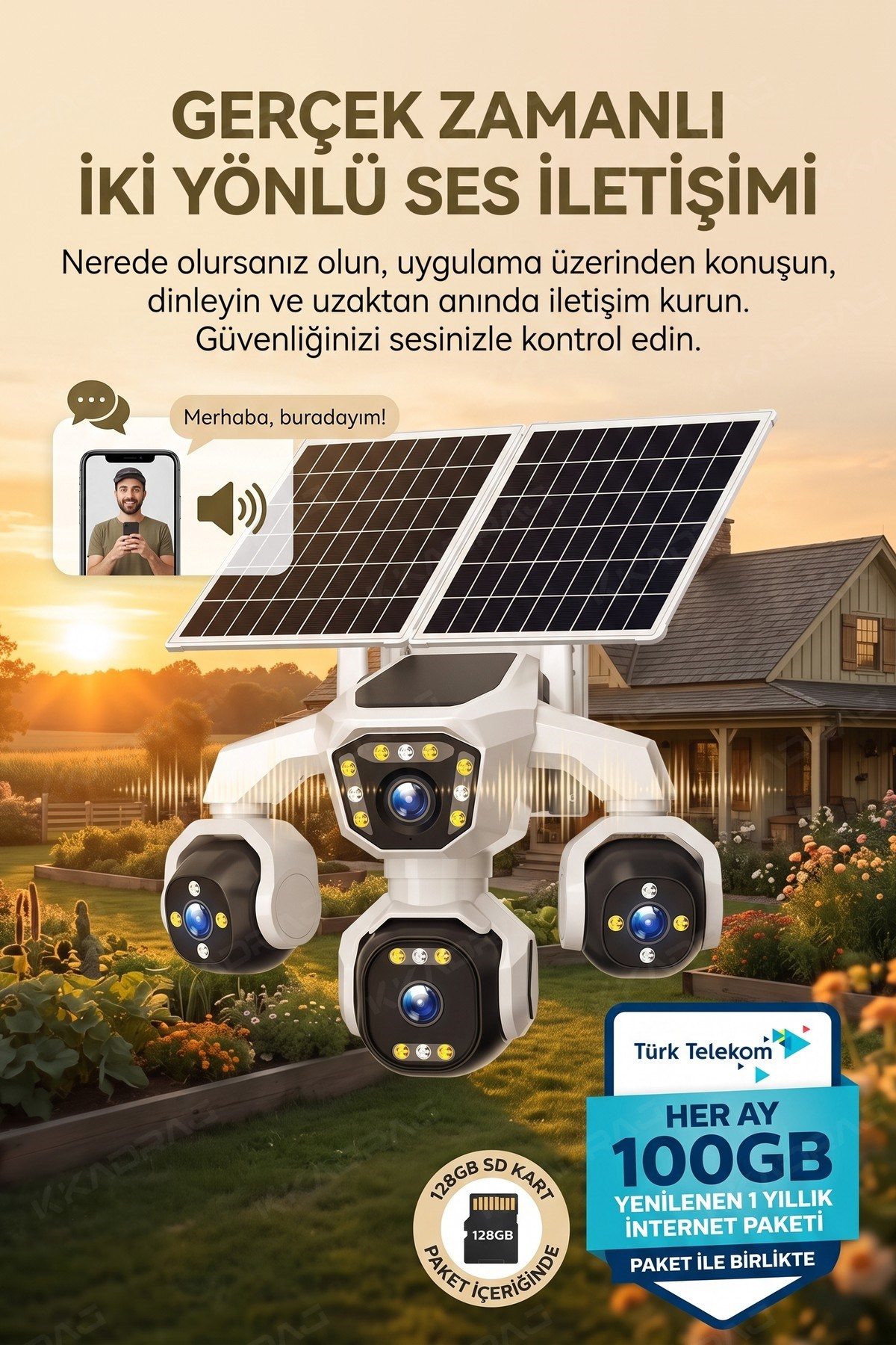 Kadraj 4 Kameralı - Solar Panelli TURK TELEKOM Yıllık Hat HER AY 100GB Yapay Zeka TT100 - görsel 8