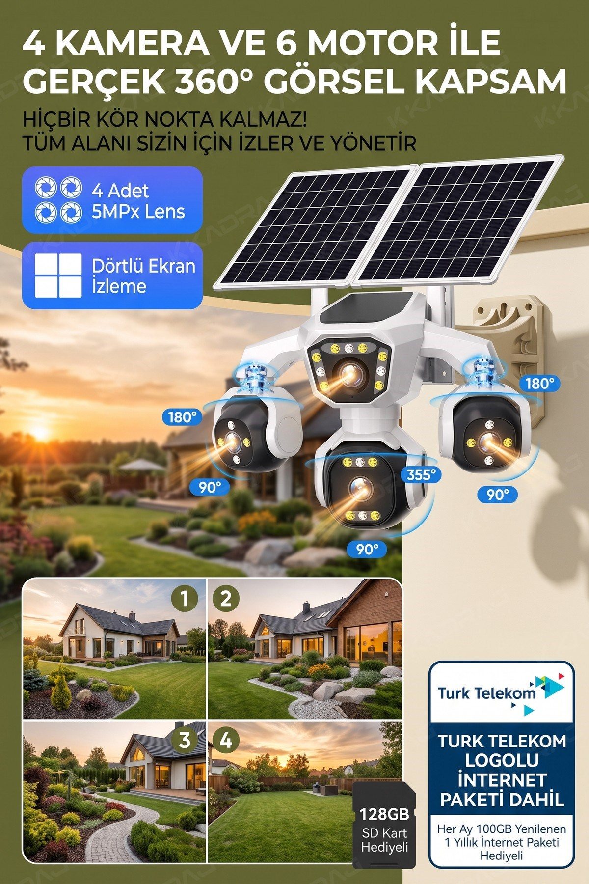 Kadraj 4 Kameralı - Solar Panelli TURK TELEKOM Yıllık Hat HER AY 100GB Yapay Zeka TT100 - görsel 7