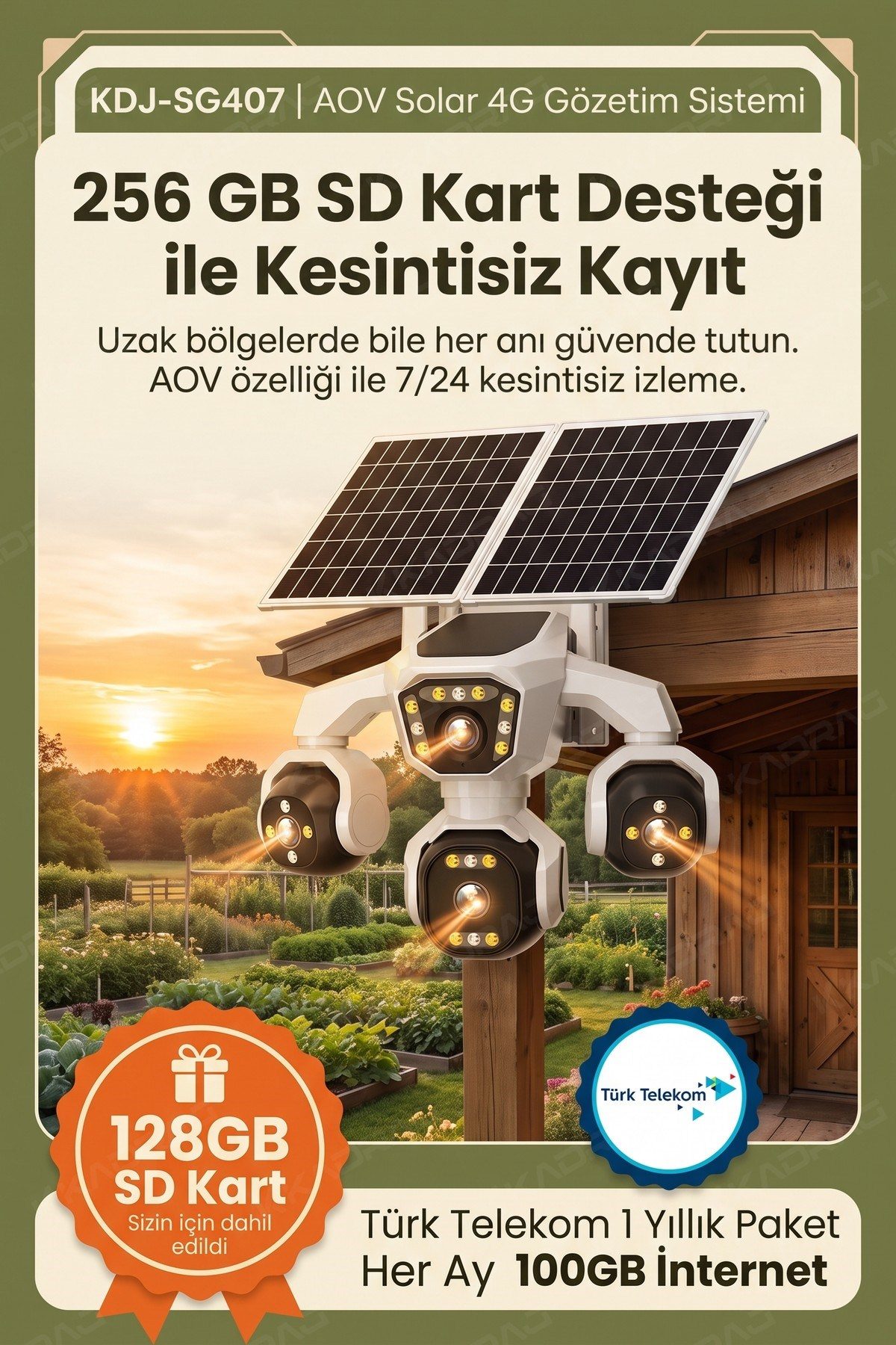Kadraj 4 Kameralı - Solar Panelli TURK TELEKOM Yıllık Hat HER AY 100GB Yapay Zeka TT100 - görsel 14