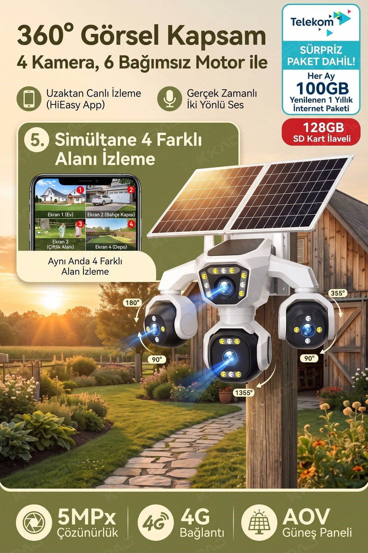 Kadraj 4 Kameralı - Solar Panelli TURK TELEKOM Yıllık Hat HER AY 100GB Yapay Zeka TT100 - görsel 3