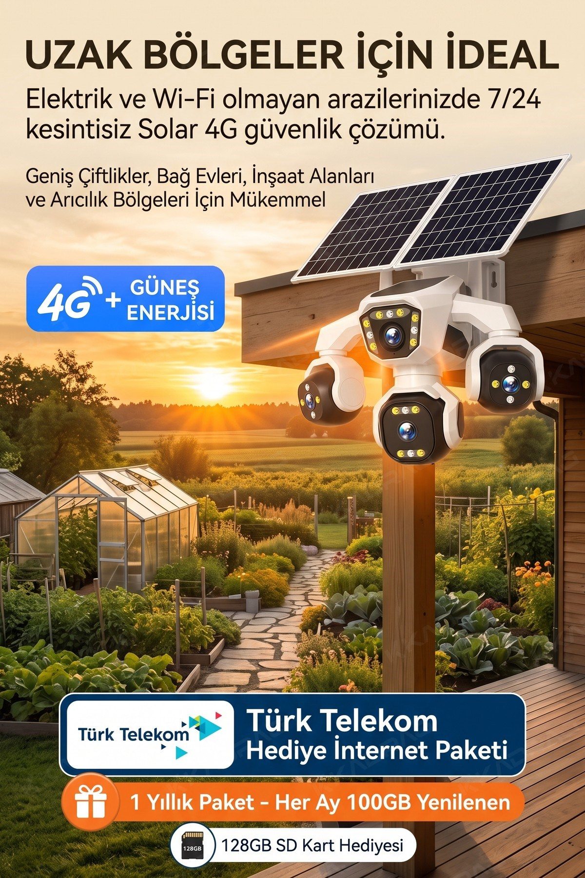 Kadraj 4 Kameralı - Solar Panelli TURK TELEKOM Yıllık Hat HER AY 100GB Yapay Zeka TT100 - görsel 12