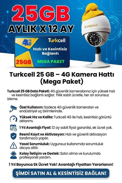 4G KAMERALARA ÖZEL TURKCELL M2M SIM KART HATTI (25GB/AY) - MEGA PAKET