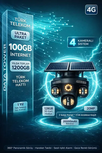 Kadraj 4G Sim Kartlı Kamera - Güneş Enerjili 4 Kameralı - 1200GB TURK TELEKOM Hat Dahil + 2 Solar Panelli