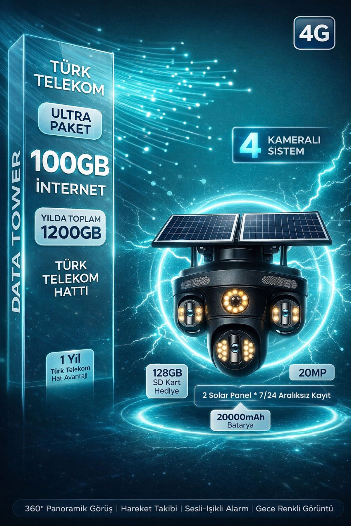 Kadraj 4G Sim Kartlı Kamera - Güneş Enerjili 4 Kameralı - 1200GB TURK TELEKOM Hat Dahil + 2 Solar Panelli