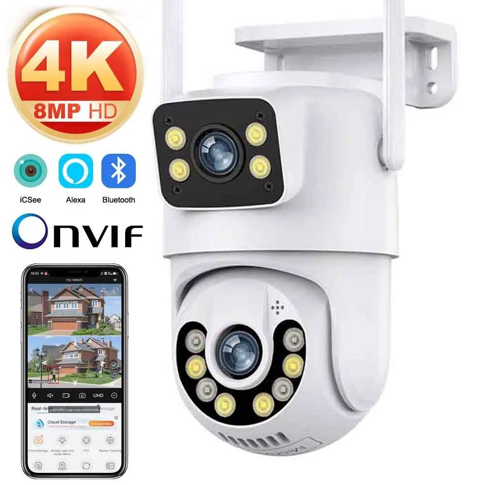 Kadraj 4K 8MP Çift Ekran Lens Wifi 2K Poz Kamera IP66 Su Geçirmez Otomatik İzleme Güvenlik Kamerası
