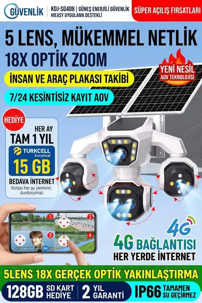 Kadraj 5 Kameralı 4G/E-SIM Destekli 18X Zoom PTZ Güneş Enerjili Profesyonel Dış Mekân Güvenlik Kamerası