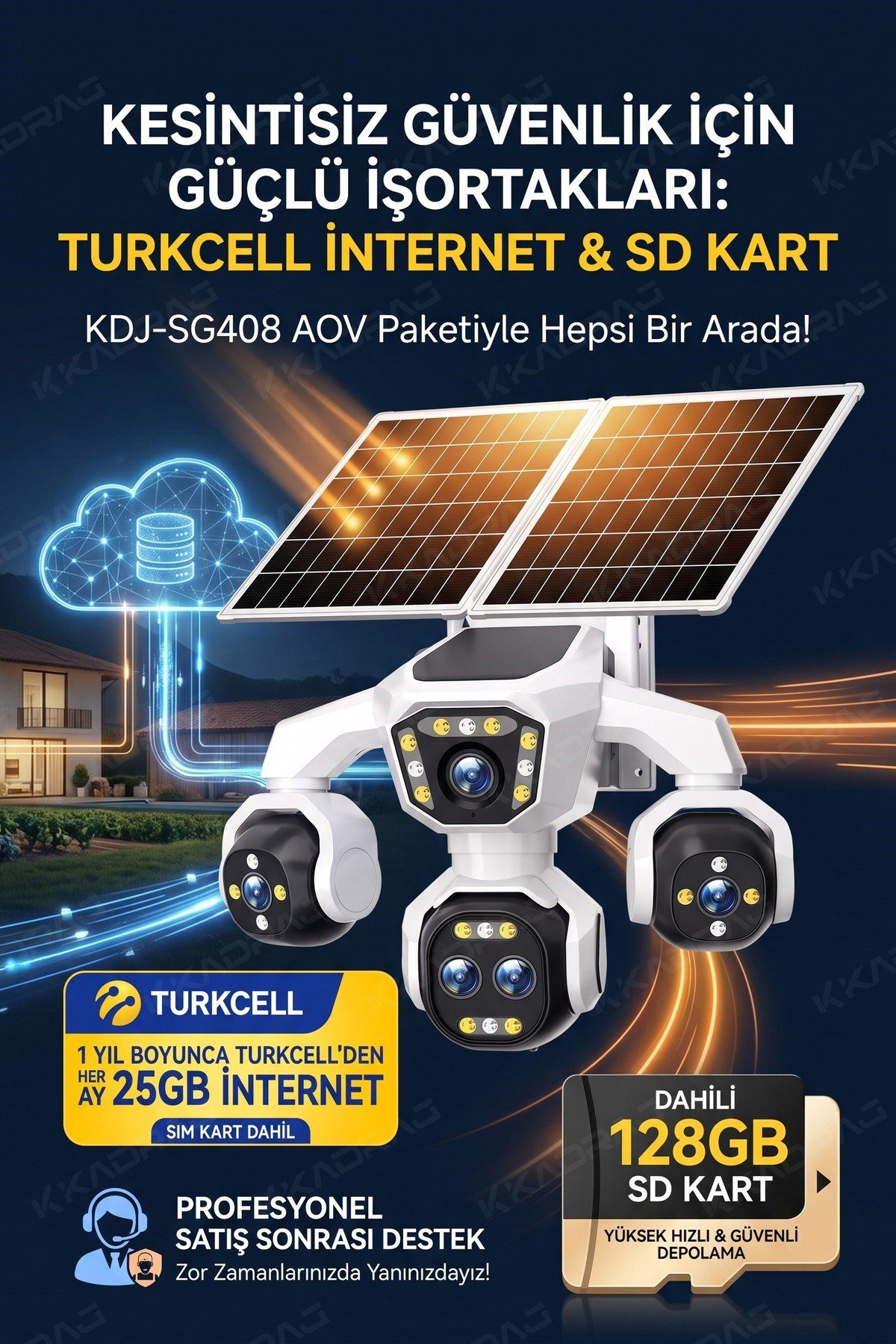 Kadraj 5 Kameralı 4G/E-SIM Destekli 18X Zoom PTZ Güneş Enerjili Profesyonel Dış Mekân Güvenlik Kamerası 25GB