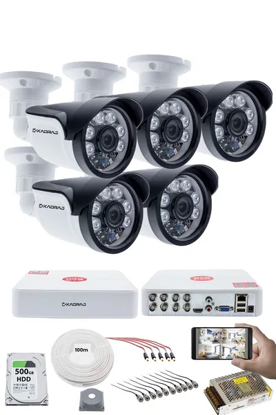 Kadraj 5 Kameralı 5MP Sony SecuLensli 1080p Full HD AHD Güvenlik Kamerası Seti, 6 Atom LED, Gece Görüşlü, IP66 Plastik Kasa,V1