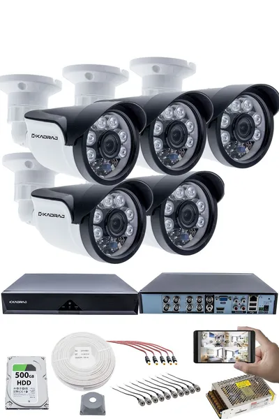 Kadraj 5 Kameralı 5MP Sony SecuLensli 1080p Full HD AHD Güvenlik Kamerası Seti, 6 Atom LED, Gece Görüşlü, IP66 Plastik Kasa