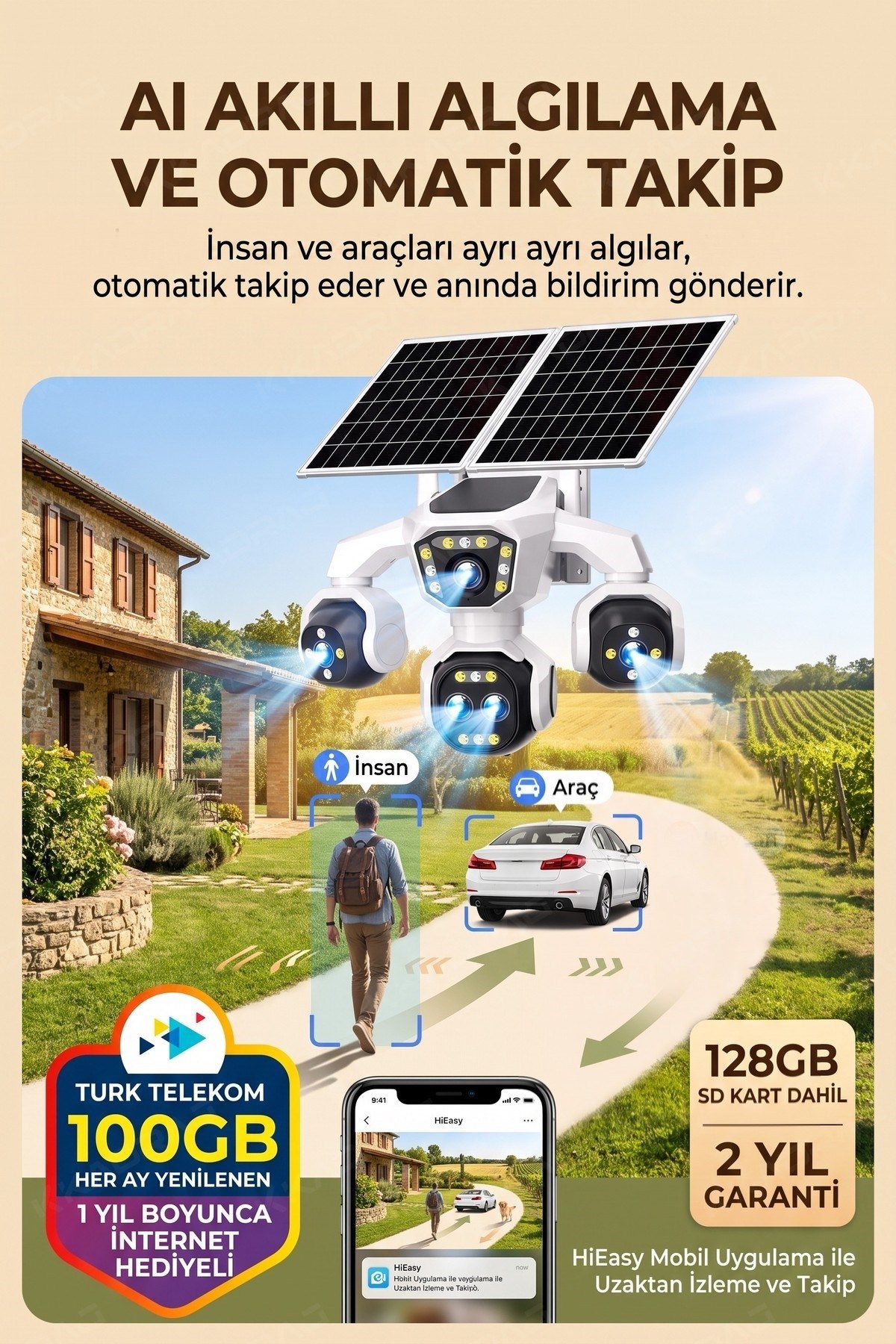 Kadraj 5 Kameralı Güneş Enerjili 18X Optik Zoom Solar Panelli Profesyonel Dış Mekân Güvenlik Kamerası 100TT - görsel 9