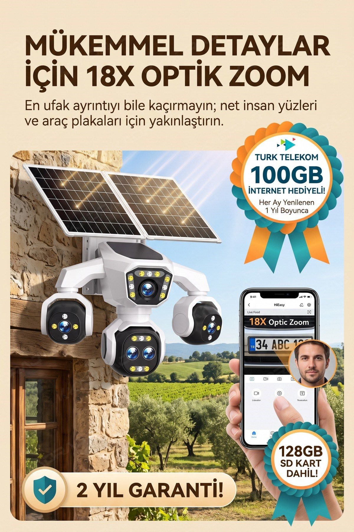 Kadraj 5 Kameralı Güneş Enerjili 18X Optik Zoom Solar Panelli Profesyonel Dış Mekân Güvenlik Kamerası 100TT - görsel 11