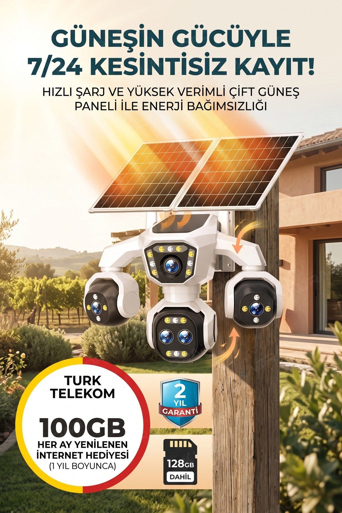 Kadraj 5 Kameralı Güneş Enerjili 18X Optik Zoom Solar Panelli Profesyonel Dış Mekân Güvenlik Kamerası 100TT - görsel 2