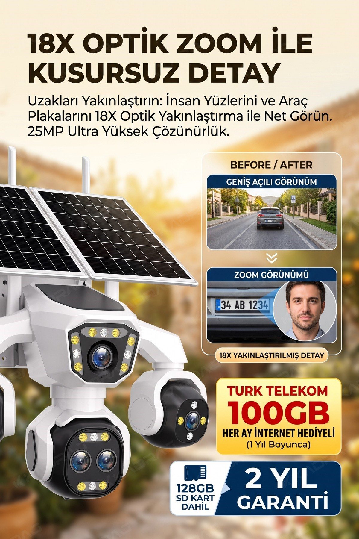 Kadraj 5 Kameralı Güneş Enerjili 18X Optik Zoom Solar Panelli Profesyonel Dış Mekân Güvenlik Kamerası 100TT - görsel 5