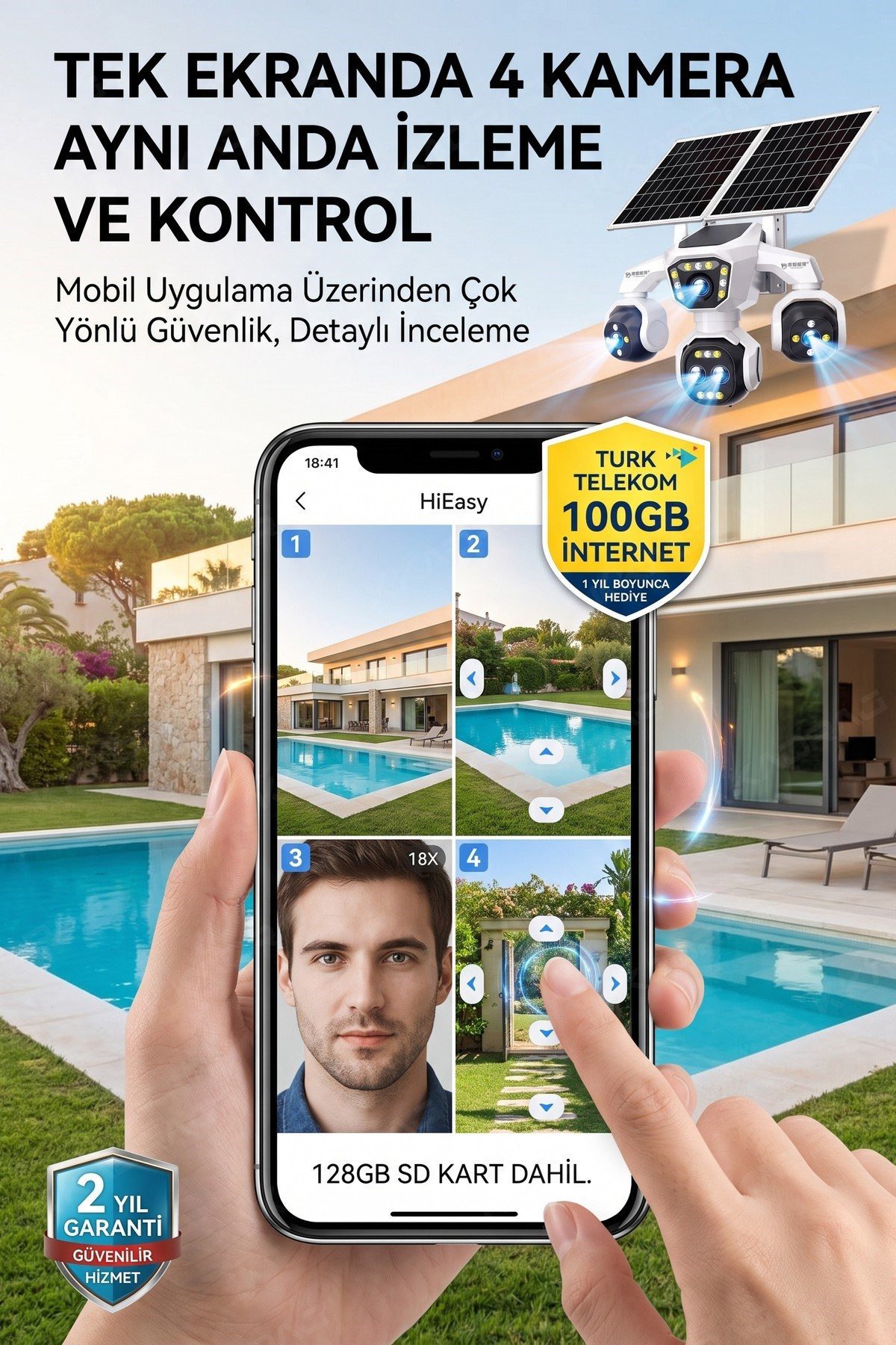 Kadraj 5 Kameralı Güneş Enerjili 18X Optik Zoom Solar Panelli Profesyonel Dış Mekân Güvenlik Kamerası 100TT - görsel 3