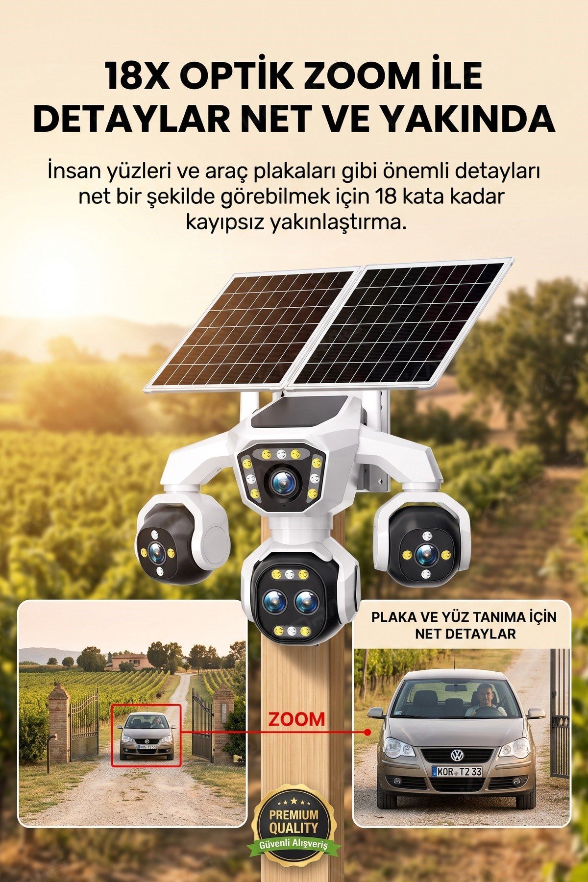 Kadraj 5 Kameralı Güneş Enerjili 18X Optik Zoom Solar Panelli Profesyonel Dış Mekân Güvenlik Kamerası 100TT - görsel 4