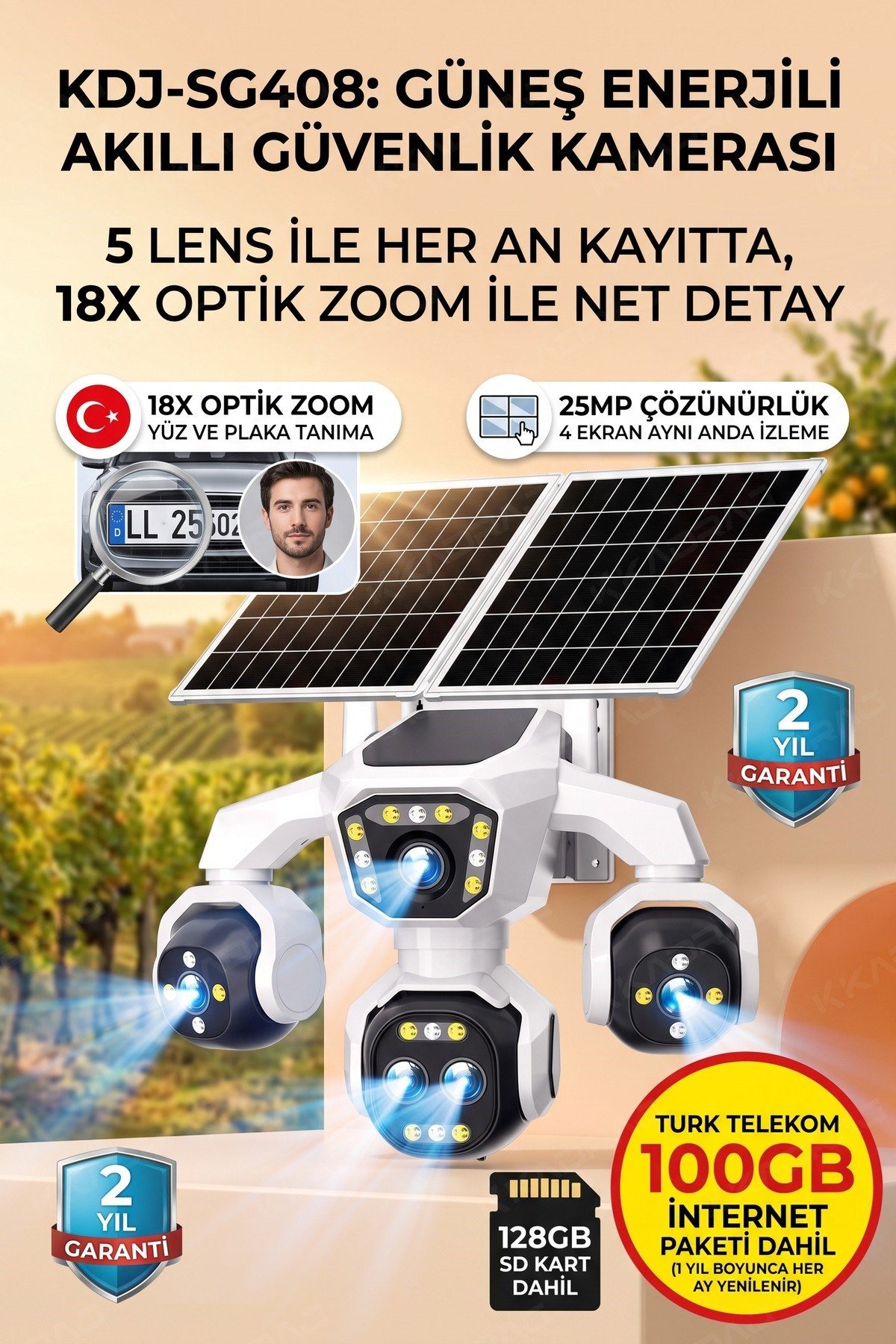 Kadraj 5 Kameralı Güneş Enerjili 18X Optik Zoom Solar Panelli Profesyonel Dış Mekân Güvenlik Kamerası 100TT - görsel 2