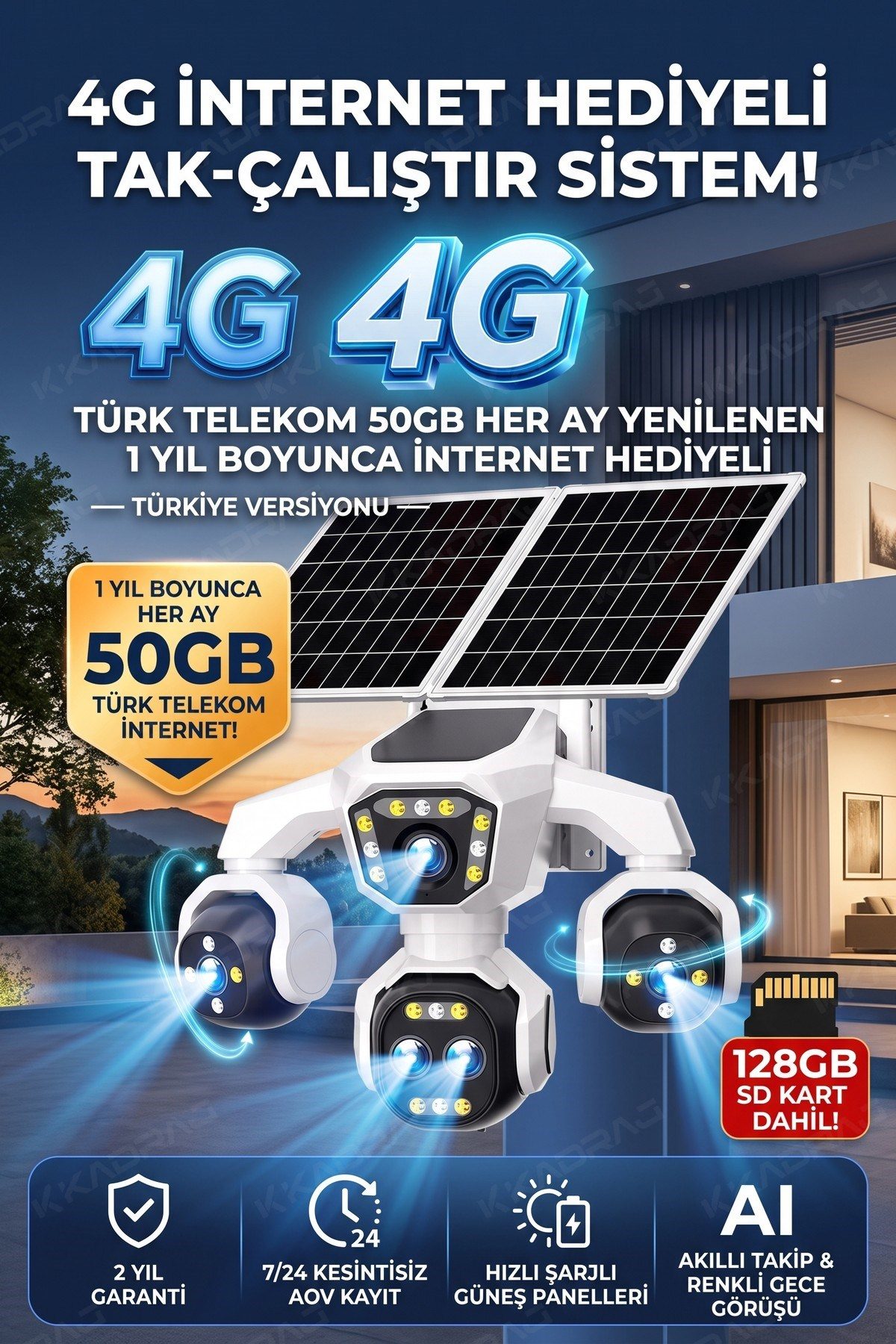 Kadraj 5 Kameralı Güneş Enerjili Kamera 18X Zoom Solar Panelli Profesyonel Dış Mekân Güvenlik Kamerası 50TT