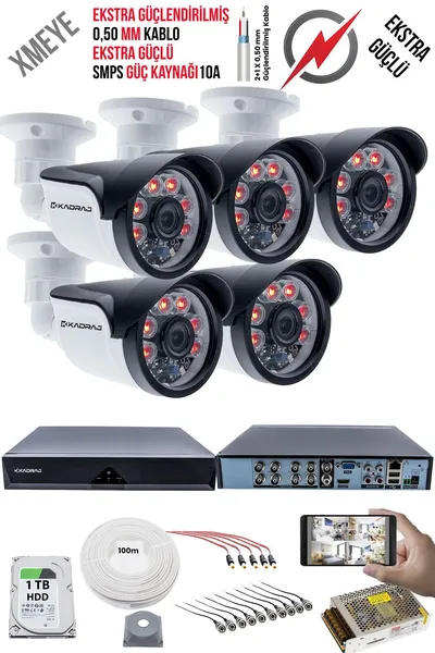 Kadraj 5 Kameralı Güvenlik Kamera Seti - Ekstra Uzun Mesafeli Güçlü, 5MP Sony Lens, 70m Dayanıklı Kablolama, 6 Atom LED, 1TB H.D.D