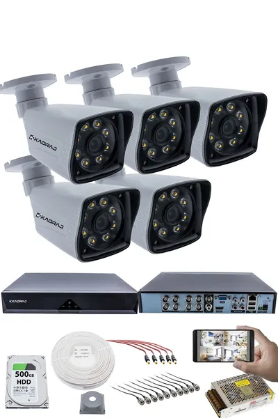 Kadraj 5 Kameralı Güvenlik Kamerası Seti - 5MP Sony SecuLensli 1080p Full HD AHD, 8 Ultra Warm LED, Gece Renkli Görüş, Plastik Kasa