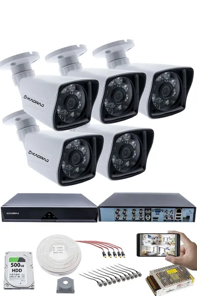 Kadraj 5 Kameralı Güvenlik Kamerası Seti - 5MP Sony SecuLensli 1080P Full HD AHD, 6 Atom LED, Gece Görüşlü, IP66 Su Geçirmez, Güvenlik Kamerası, Plastik Kasa