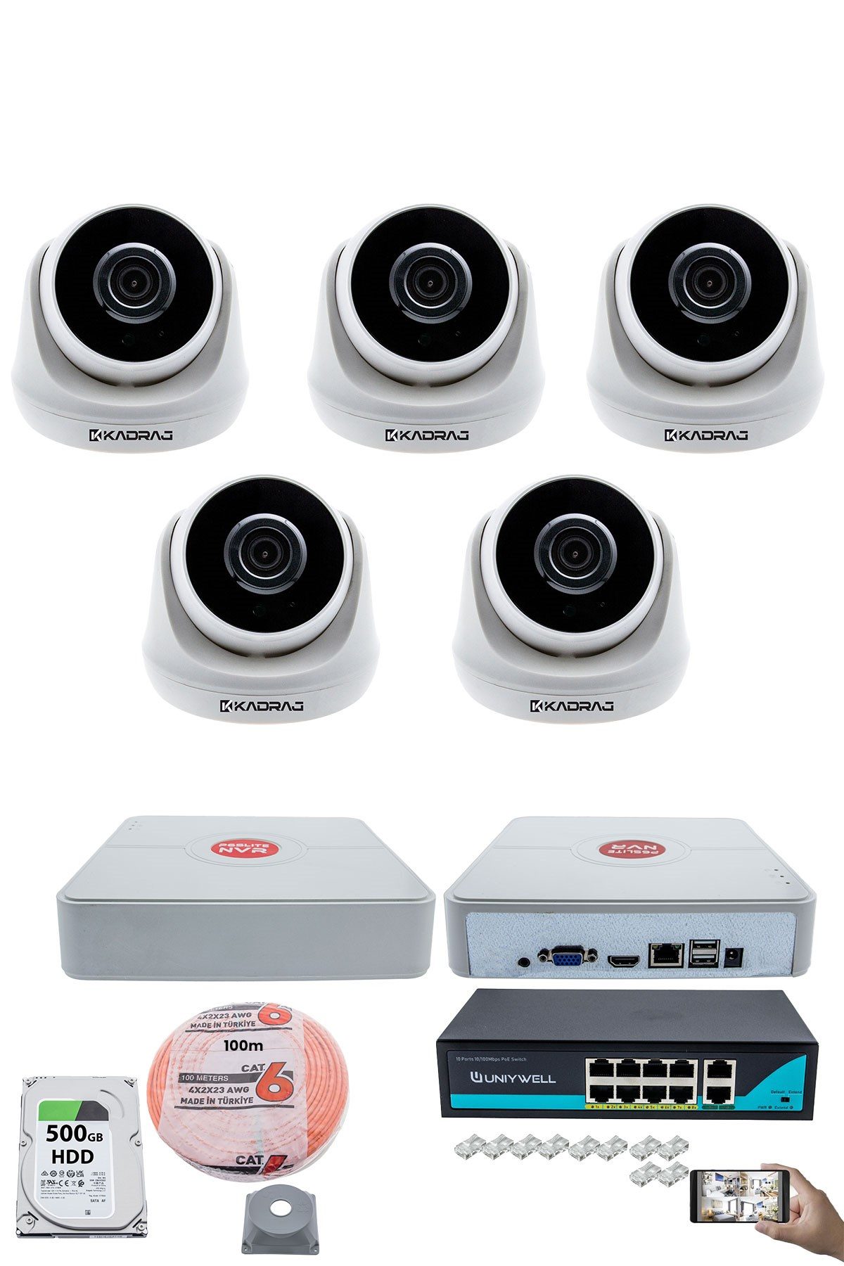 Kadraj 5 Kameralı IP Dome Güvenlik Kamerası Seti | 4MP Ultra HD, 30m Gece Görüş, Ses Alma, Uzaktan İzleme