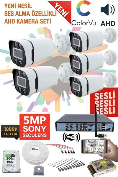 Kadraj 5 KAMERALI SESLİ GÜVENLİK KAMERASI SETİ - GECE RENKLİ 5MP SONY SECULENS, 1080P FULL HD AHD, 4 WARM LED, COLORVU - PLASTİK KASA