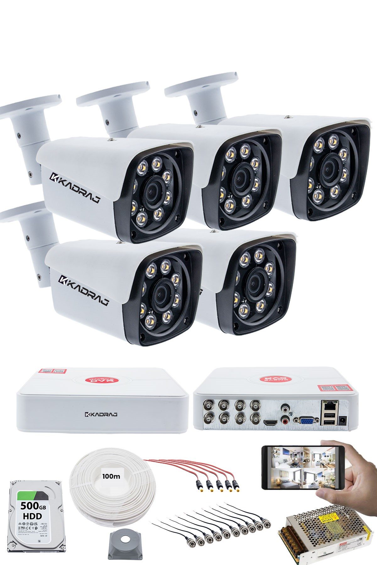 Kadraj 5 KAMERALI SET - 5MP Sony SecuLensli 1080P Full HD AHD,8 Ultra Warm LED, Gece Renkli, Colorvu Teknolojisi, Metal V1