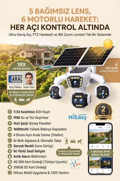 Kadraj 5 Kameralı Sim Kartlı 18X Zoom PTZ Güneş Enerjili Profesyonel Dış Mekân Güvenlik Kamerası -Tek
