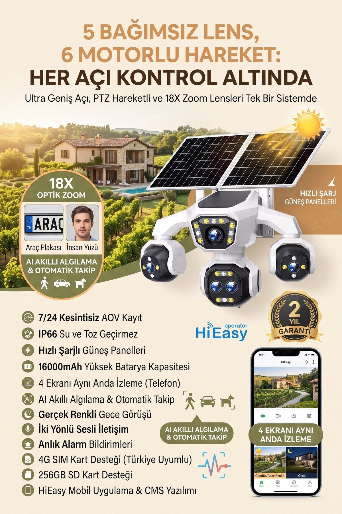 Kadraj 5 Kameralı Sim Kartlı 18X Zoom PTZ Güneş Enerjili Profesyonel Dış Mekân Güvenlik Kamerası -Tek