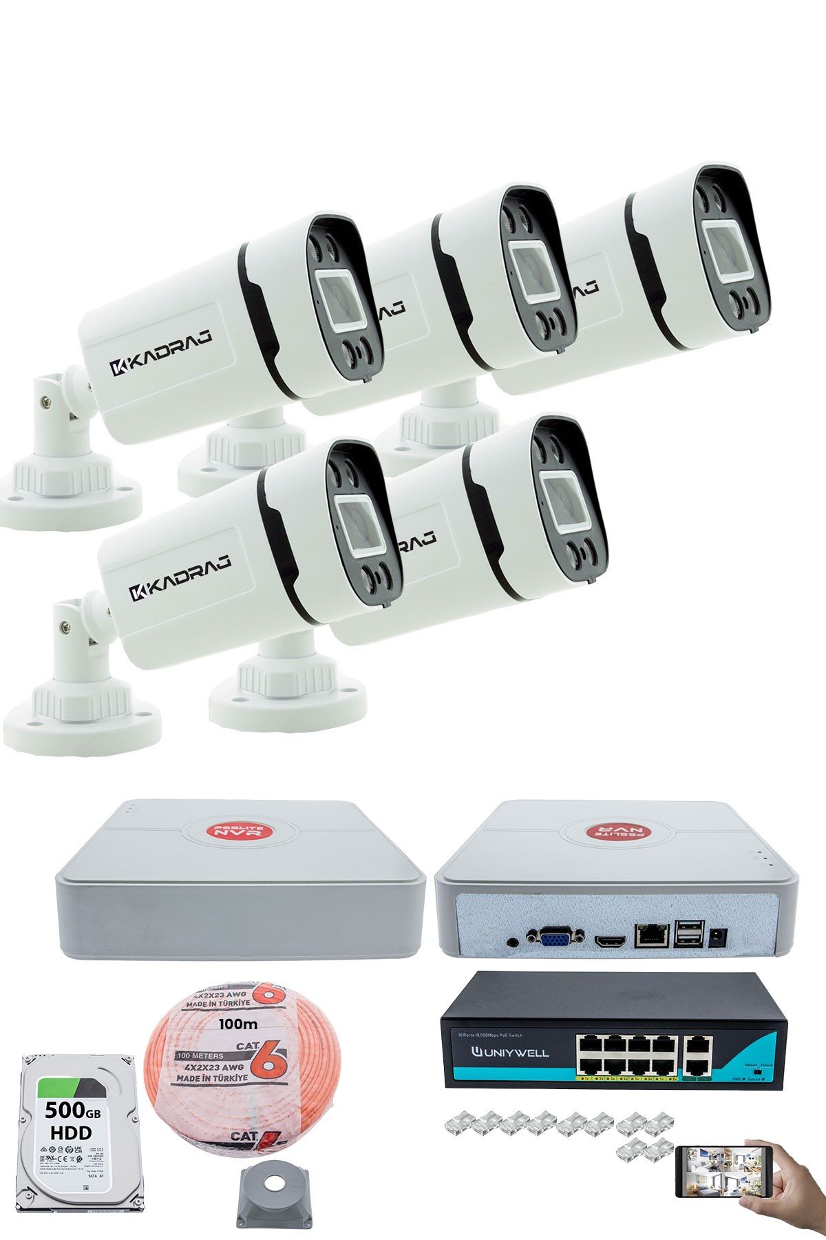 Kadraj 5'li Güvenlik IP Kamera Seti - 4MP Dış Mekan Kamera, 3.6mm Lens, H.265, PoE, Warm IR Gece Görüşü, 9 Kanal NVR, 8 Port PoE Switch, 500GB HDD