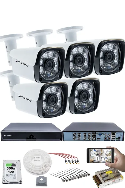Kadraj 5'li Kamera Seti 5MP Sony SecuLensli 1080P Full HD, 6 Atom LED, AHD Güvenlik Kamerası Seti, Gece Görüşlü, Metal Kasa