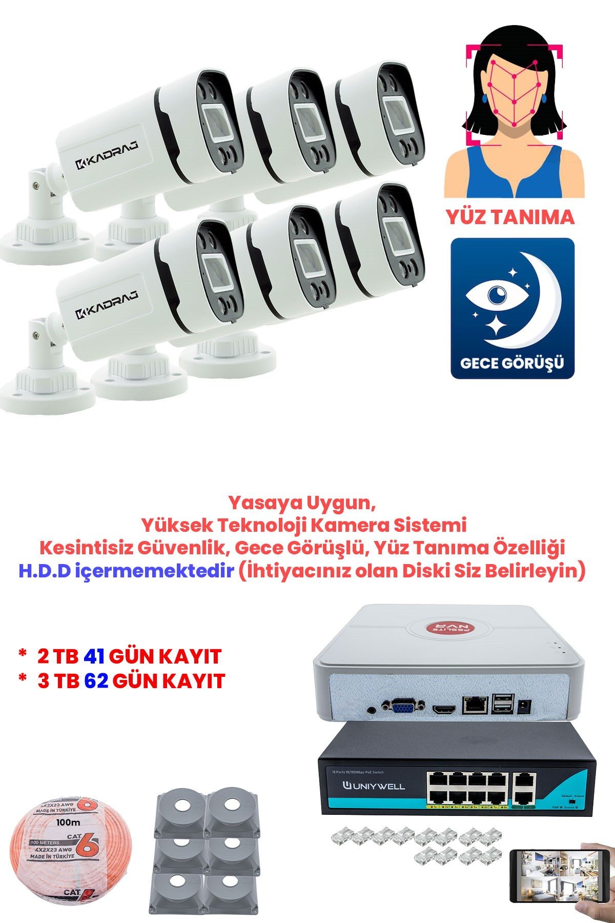 Kadraj 6 Kameralı Güvenlik IP Kamera Seti - 4MP Dış Mekan Kamera, H.265+, PoE Switch, Gece Renkli Görüş, 9 Kanal NVR, DISK (H.D.D) ICERMEZ